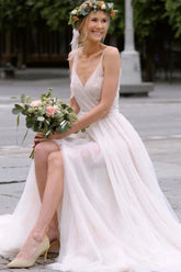 Boho Wedding Dresses, A-Line V-Neck Long Bridal Gown with Split